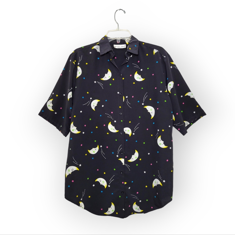 Stuart Lang Vintage Moon and Stars Button-up Short Sleeve Shirt Black